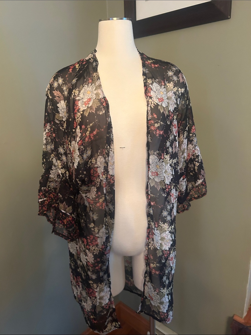 Mudd Black Floral Sheer Kimono with Red and Cream Accents